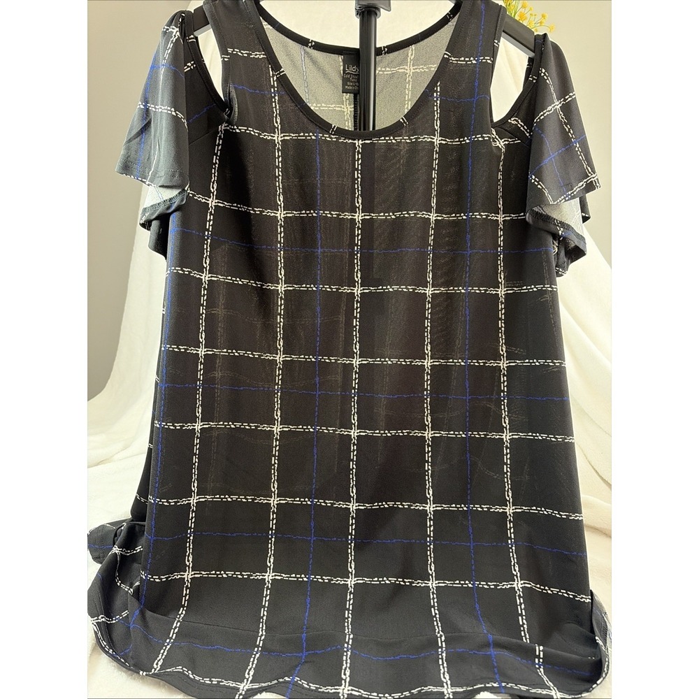 Lildy Cold Shoulder Tunic L/XL Black Plaid Sheer Chic‎ Retro